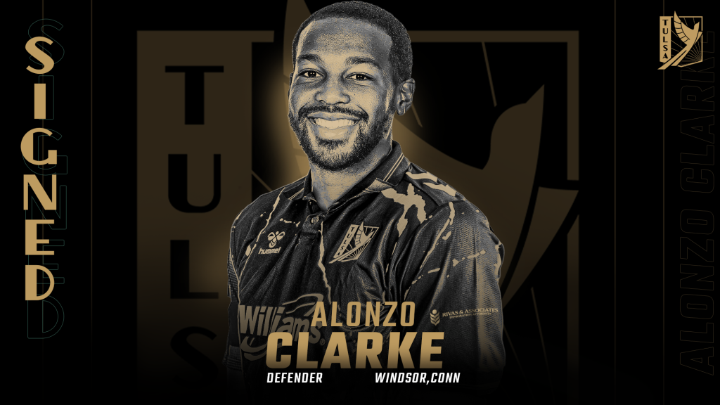 Black and gold graphic, headshot of FC Tulsa defender Alonzo Clarke