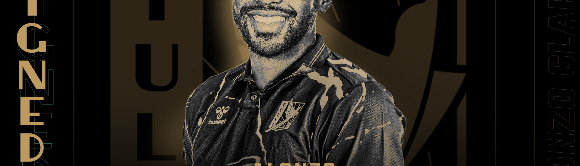 Black and gold graphic, headshot of FC Tulsa defender Alonzo Clarke
