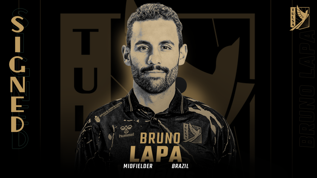 Black and gold graphic, headshot of FC Tulsa midfielder Bruno Lapa