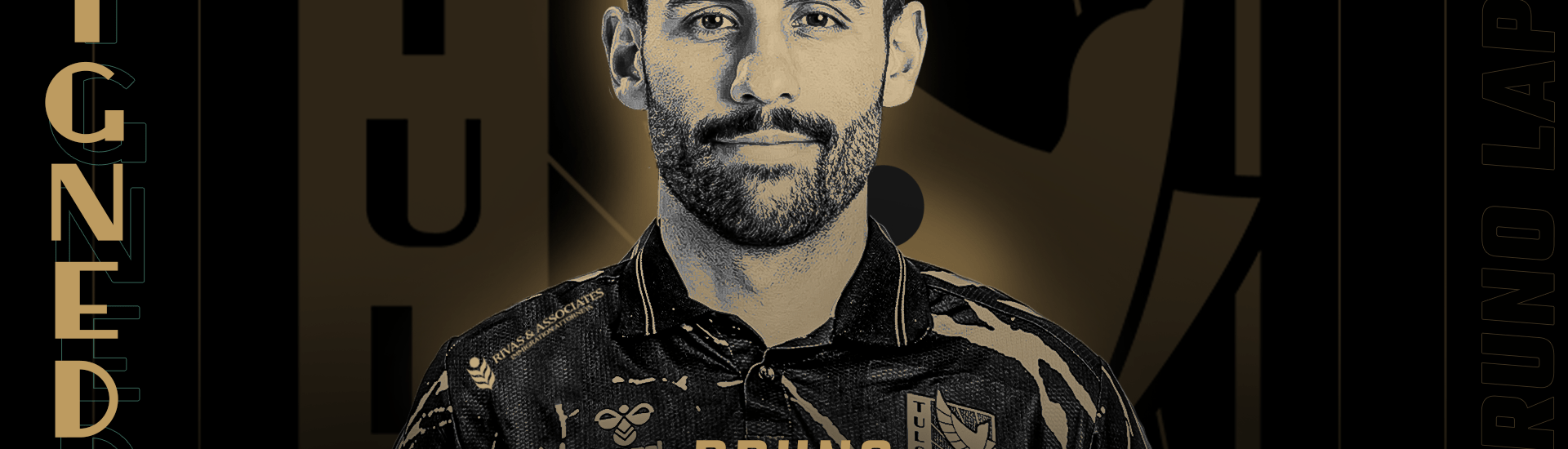 Black and gold graphic, headshot of FC Tulsa midfielder Bruno Lapa