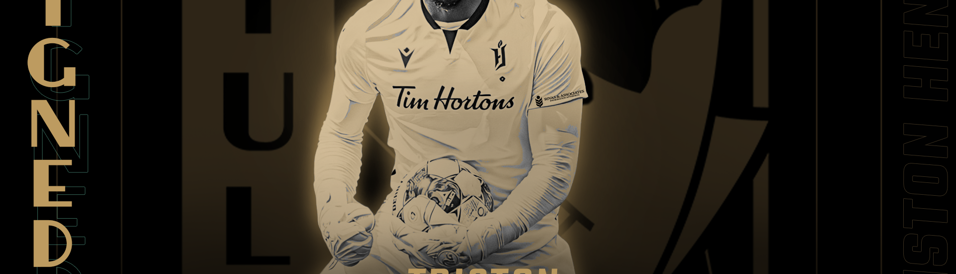 Black and gold graphic, headshot of FC Tulsa goalkeeper Triston Henry