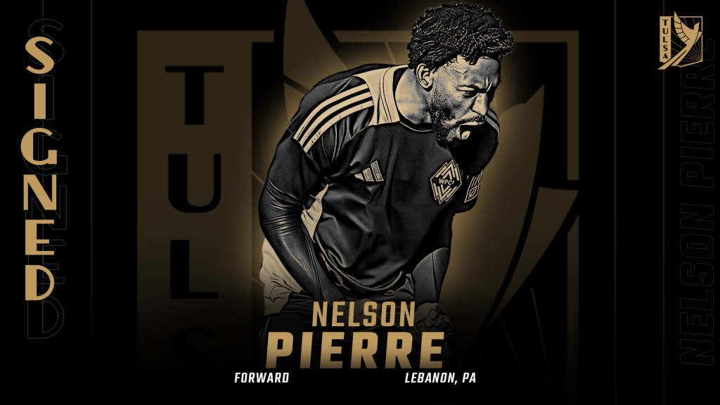 Black and gold graphic, headshot of FC Tulsa forward Nelson Pierre