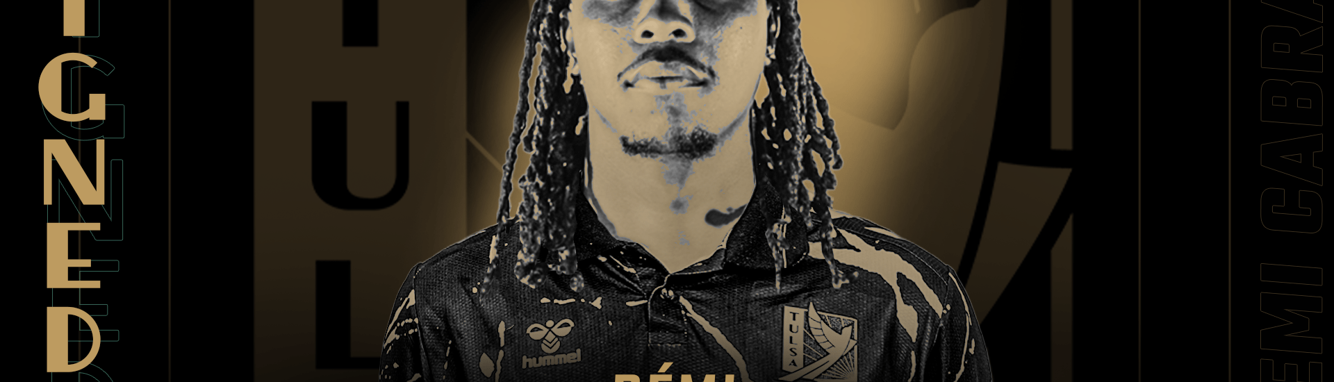 Black and gold graphic, headshot of FC Tulsa midfielder Rémi Cabral