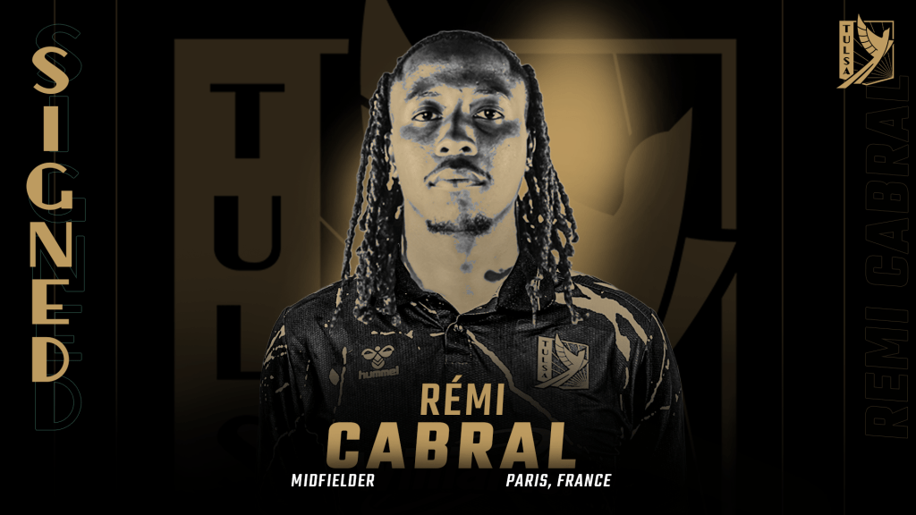 Black and gold graphic, headshot of FC Tulsa midfielder Rémi Cabral