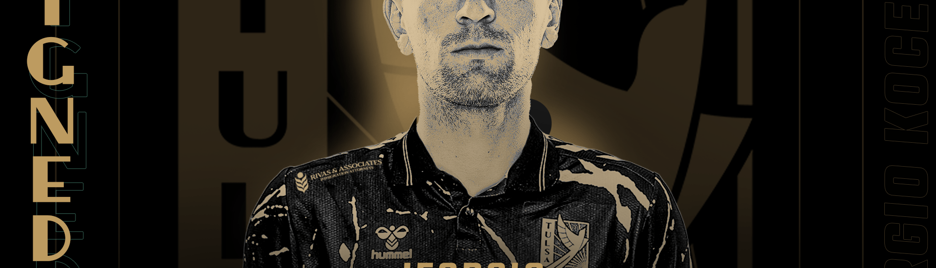 Black and gold graphic, headshot of FC Tulsa midfielder Jeorgio Kocevski