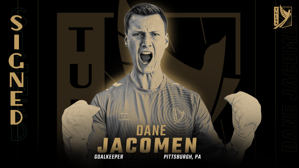 Black and gold graphic, headshot of FC Tulsa goalkeeper Dane Jacomen
