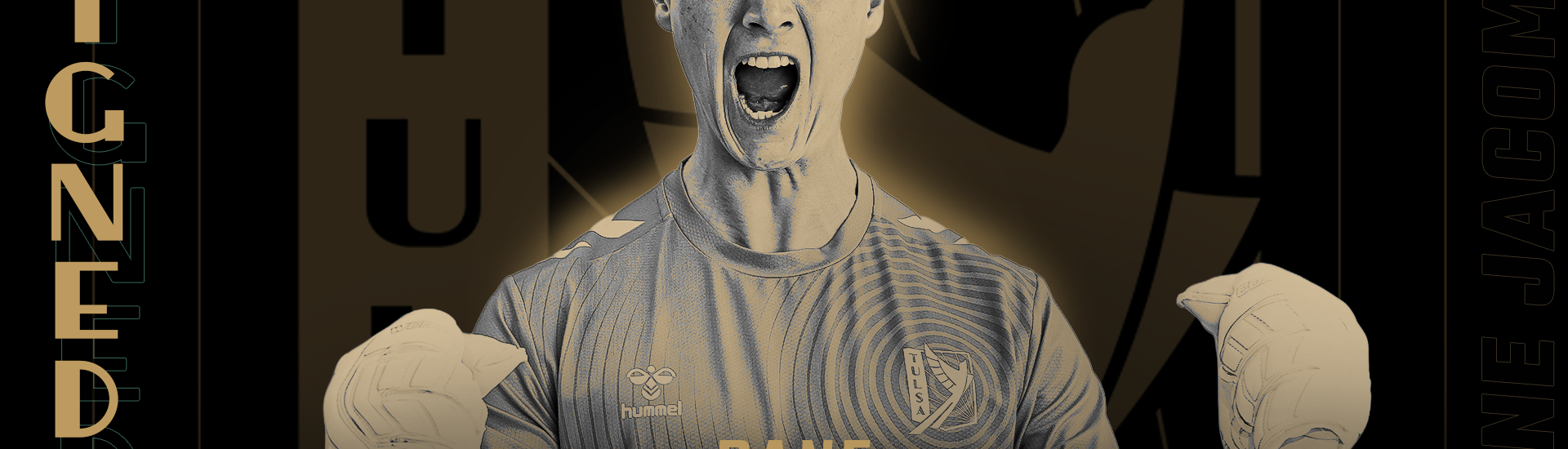 Black and gold graphic, headshot of FC Tulsa goalkeeper Dane Jacomen